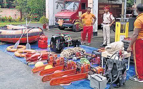 Fire services personnel arranging their gear in Malkangiri on Sunday.