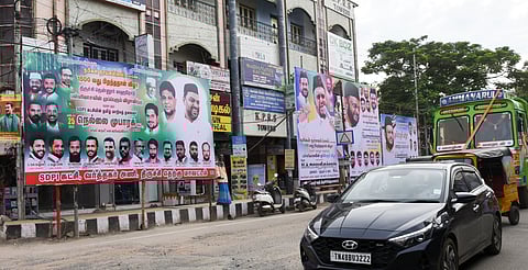 Banners erected by political parties at Tennur in Tiruchy 
