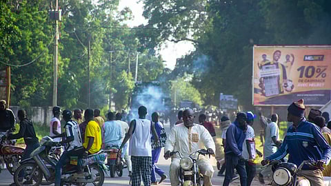 Supporters of opposition presidential candidate Issa Tchiroma, protest on the streets of Garoua, Cameroon, Sunday, Oct. 26, 2025. 