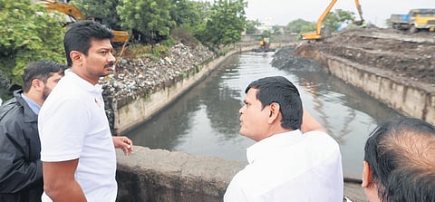 Deputy CM Udhayanidhi Stalin inspecting a canal in Kodungaiyur.