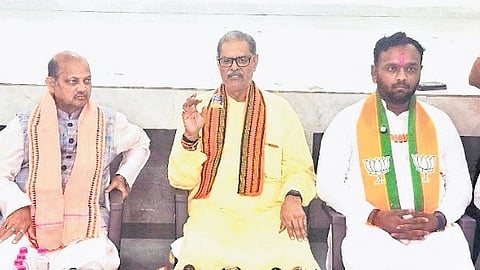 Dy CM KV Singh Deo and state BJP chief Manmohan Samal addressing the media.