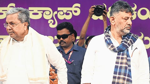 CM Siddaramaiah and DyCM DK Shivakumar at an event in Bengaluru on Tuesday. There are murmurs in political corridors of a change of guard in Karnataka in November when the government completes two-and-a-half years.