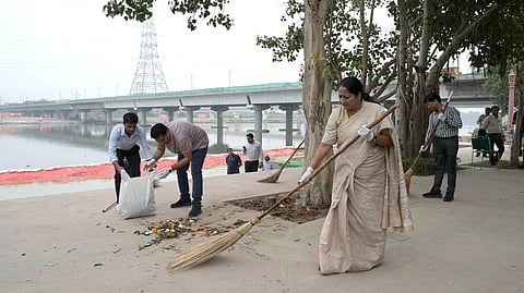 Delhi Chief Minister Rekha Gupta participates in the cleanliness drive at Vasudev Ghat Yamuna river a  day after Chhath puja