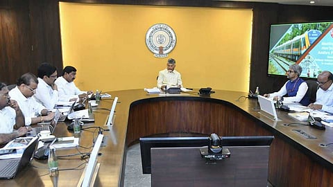 AP Chief Minister Chandrababu Naidu reviews the progress of railway projects in the state at the Secretariat.