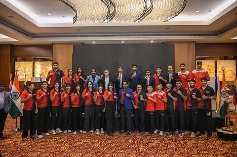 Indian boxing team with BFI president Ajay Singh (2nd row; centre); Also in the picture is women's head coach D Chandralal (front row; centre) 