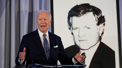 Former US President Joe Biden speaks after receiving the Lifetime Achievement Award at the Edward M. Kennedy Institute's 10th Anniversary Celebration, Sunday, Oct. 26, 2025, in Boston.