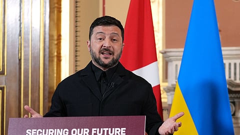 Ukraine's President Volodymyr Zelenskyy speaks to the media after a meeting of the so-called "coalition of the willing" in London, Friday, Oct. 24, 2025.