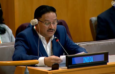 Lok Sabha MP Dilip Saikia delivering India's statement during the Interactive Dialogue on the human rights situation in Myanmar at the Third Committee of the UN General Assembly on Tuesday.
