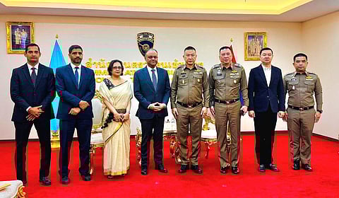 Indian envoy Nagesh Singh meets Thai Immigration Commissioner Pol Lt Gen Panumas Boonyalug in Bangkok to discuss early repatriation of Indians who fled scam centres in Myanmar’s Myawaddy to Thailand’s Mae Sot.