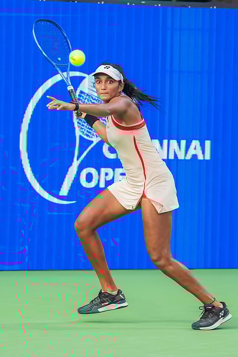 Sahaja Yamalapalli hits a return against Donna Vekic of Croatia on Thursday
