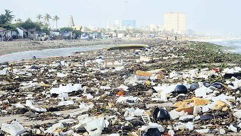 Heaps of garbage, mostly thermocol, that washed ashore in recent days at Foreshore Estate.