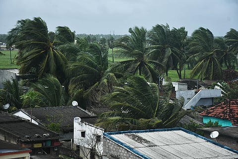 Gusty wind with the impact of cyclone Montha at Uppada village on Tuesday.