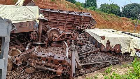 A view of the site where a goods train derailed near Kanaroan station in Simdega district, Jharkhand (Photo | PTI)