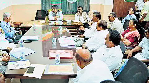 Deputy CM DK Shivakumar, who is also KPCC chief, chairs a meeting to select candidates for MLC polls, in Bengaluru on Wednesday.
