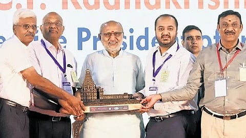 Vice President CP Radhakrishnan during the event organised by the Coimbatore Citizens Forum at Codissia Trade Fair Complex on Tuesday.