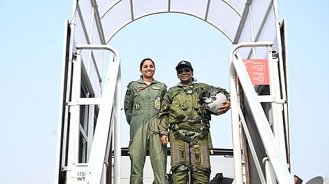 President Droupadi Murmu (L) poses with IAF Squadron Leader Shivangi Singh, the country's first woman Rafale fighter jet pilot, at the Air Force Station in Ambala on Wednesday, Oct. 29, 2025.