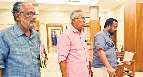 CPI state secretary Binoy Viswam, Revenue Minister K Rajan and senior party leader Sathyan Mokeri at CPI state council office in Thiruvananthapuram 