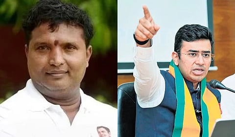 Youth Congress president BV Srinivas (L) and Bengaluru South MP Tejasvi Surya.