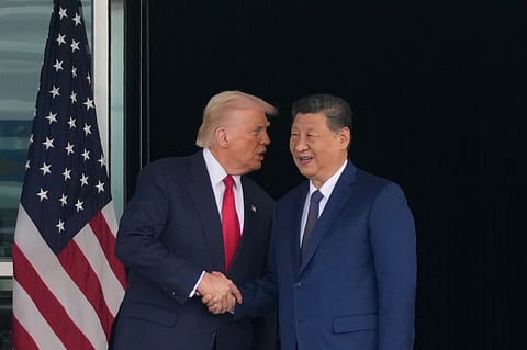 Chinese President Xi Jinping, right, with US President Donald Trump, during their summit talk at Gimhae International Airport in Busan, South Korea, Thursday, Oct. 30, 2025.