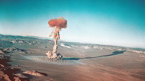 A subsurface atomic test is shown on March 23, 1955, at the Nevada Test Site near Yucca Flats, USA.