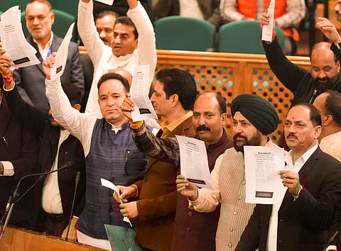 BJP MLAs stage a protest during a session of the Jammu and Kashmir legislative Assembly, in Srinagar, Thursday, Oct. 30, 2025.