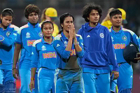 Jemimah Rodrigues (centre) celebrates after India's victory against Australia in the ICC Women's Cricket World Cup semi final in Navi Mumbai (Photo | AP)