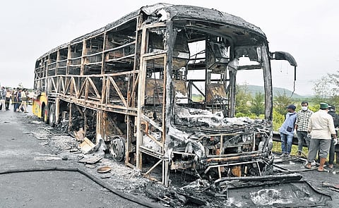 Regional Fire Officer M Bhupal Reddy said the initial inquiry found a series of fire safety lapses that trapped passengers inside the vehicle. 