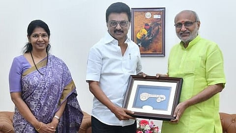 CM MK Stalin and MP Kanimozhi present a memento to Vice-President C P Radhakrishnan in Madurai on Wednesday.