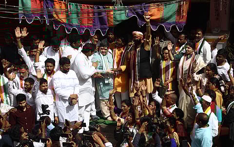 Ministers N Uttam Kumar Reddy, Ponnam Prabhakar and MLC Mohammed Azharuddin take part in an election campaign at Yousufguda in Hyderabad ahead of the Jubilee Hills byelections. 