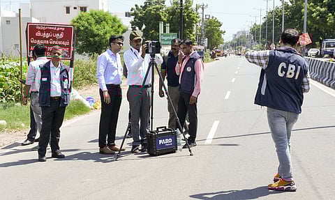 CBI team inspect the TVK leader Vijay campaign rally stampede spot with Faro Focus device at Velusamypuram in Karur.