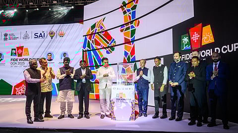 FIDE president Arkady Dvorkovich (2nd L) during the Opening Ceremony of the World Cup 2025  at Taleigao, Goa, on Friday