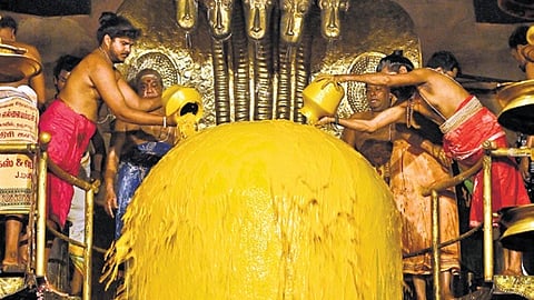 Ablutions being performed on the deities in Thanjavur marking the 1040th Sathaya Vizha on Saturday.