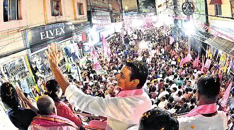 BRS working president KT Rama Rao waves to the gathering during his Jubilee Hills byelection campaign at Rahmatnagar in Hyderabad on Saturday.