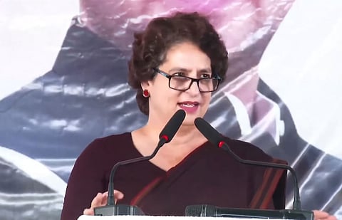 Congress MP Priyanka Gandhi Vadra addresses a public meeting ahead of Bihar Assembly elections, in Begusarai district, Saturday, Nov. 1, 2025.