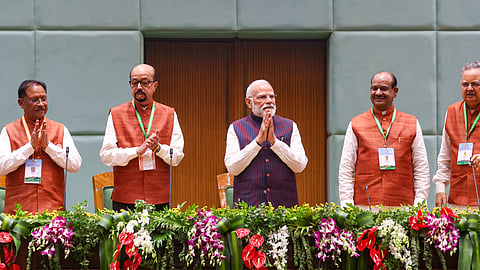 Prime Minister Narendra Modi with Lok Sabha Speaker Om Birla, Chhattisgarh Chief Minister Vishnu Deo Sai and others during inauguration of the new building of Chhattisgarh Legislative Assembly, in Nava Raipur Atal Nagar, Chhattisgarh.