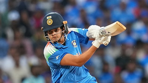 Shafali Verma plays a shot during the ICC Women's Cricket World Cup final match between India and South Africa.