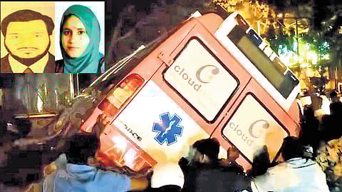 Ismail and his wife Sameen Banu (inset) were killed in an accident after a speeding ambulance hit a signal on Richmond Road in Bengaluru on Saturday night.