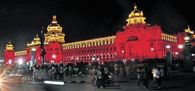 Vidhana Soudha lit up in the colours of the Kannada flag to mark Kannada Rajyotsava on Saturday 