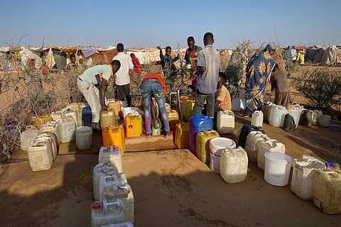 This photo, released by the Norwegian Refugee Council (NRC), shows displaced women and children from el-Fasher at a camp where they sought refuge from fighting between government forces and the RSF in Tawila, Darfur region, Sudan, Monday, Nov. 3, 2025. 