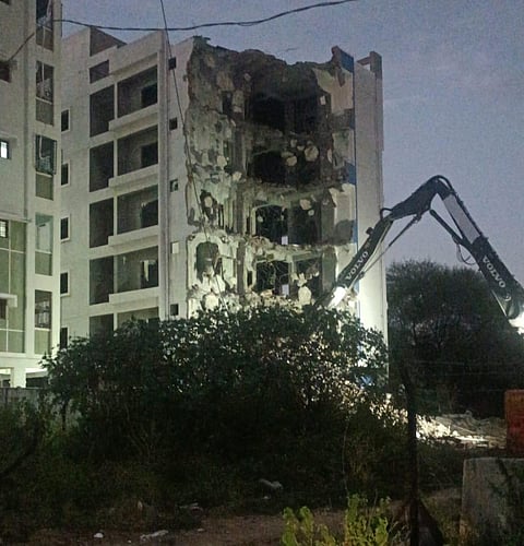 The HYDRAA Task Force demolished a five-storey illegal building constructed on government land in Miyapur.