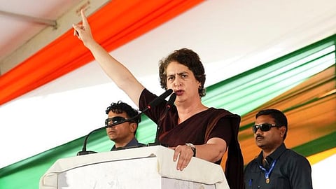 Congress MP Priyanka Gandhi Vadra addresses a public meeting ahead of Bihar Assembly elections, in Begusarai district, Saturday, Nov. 1, 2025.