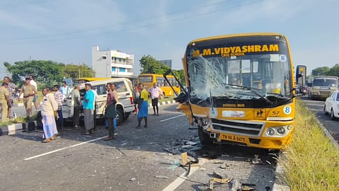 According to sources, the private school van was on its way near Nalattinputhur to pick up students when a car heading from the opposite direction collided with the school van. 