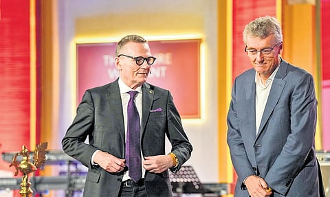 Nobel laureates David MacMillan (right) and James A Robinson during the event, in Bengaluru, on Monday