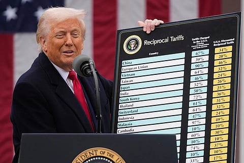 FILE - President Donald Trump speaks during an event to announce new tariffs, April 2, 2025, in the Rose Garden at the White House in Washington. 