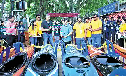 MLC and KOA president K Govindaraj inaugurates new kayaking and canoeing equipment at Ulsoor Lake on Tuesday.