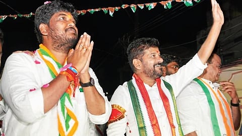 Chief Minister A Revanth Reddy, along with Congress candidate Naveen Yadav, during a roadshow in Jubilee Hills
