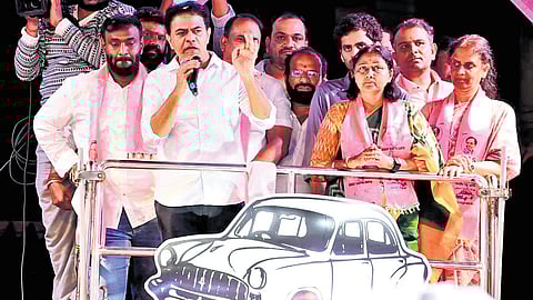 BRS working president KT Rama Rao speaks during a roadshow at Somajiguda in Hyderabad on Tuesday