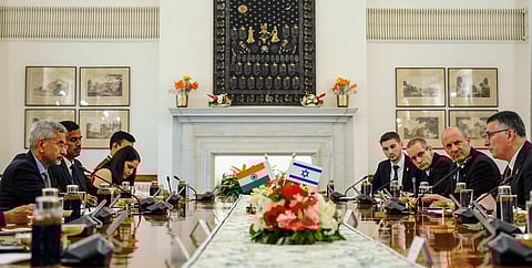 External Affairs Minister S Jaishankar with Israel's Foreign Affairs Minister Gideon Sa'ar and others during a meeting, in New Delhi.