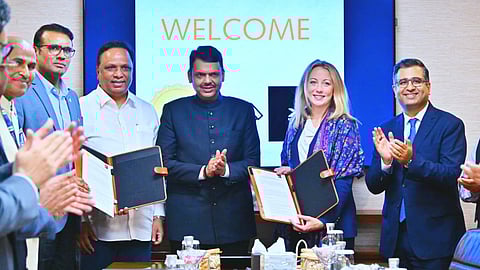 Maharashtra Chief Minister Devendra Fadnavis (C) with Starlink's VP of Business Operations Lauren Dreyer (2R) at a meeting in Mumbai, Nov. 05, 2025.
