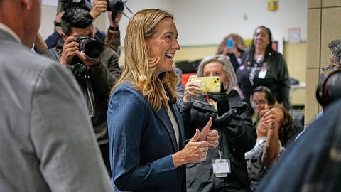 New Jersey gubernatorial candidate Mikie Sherrill reacts after voting in Montclair, N.J., Tuesday, Nov. 4, 2025.